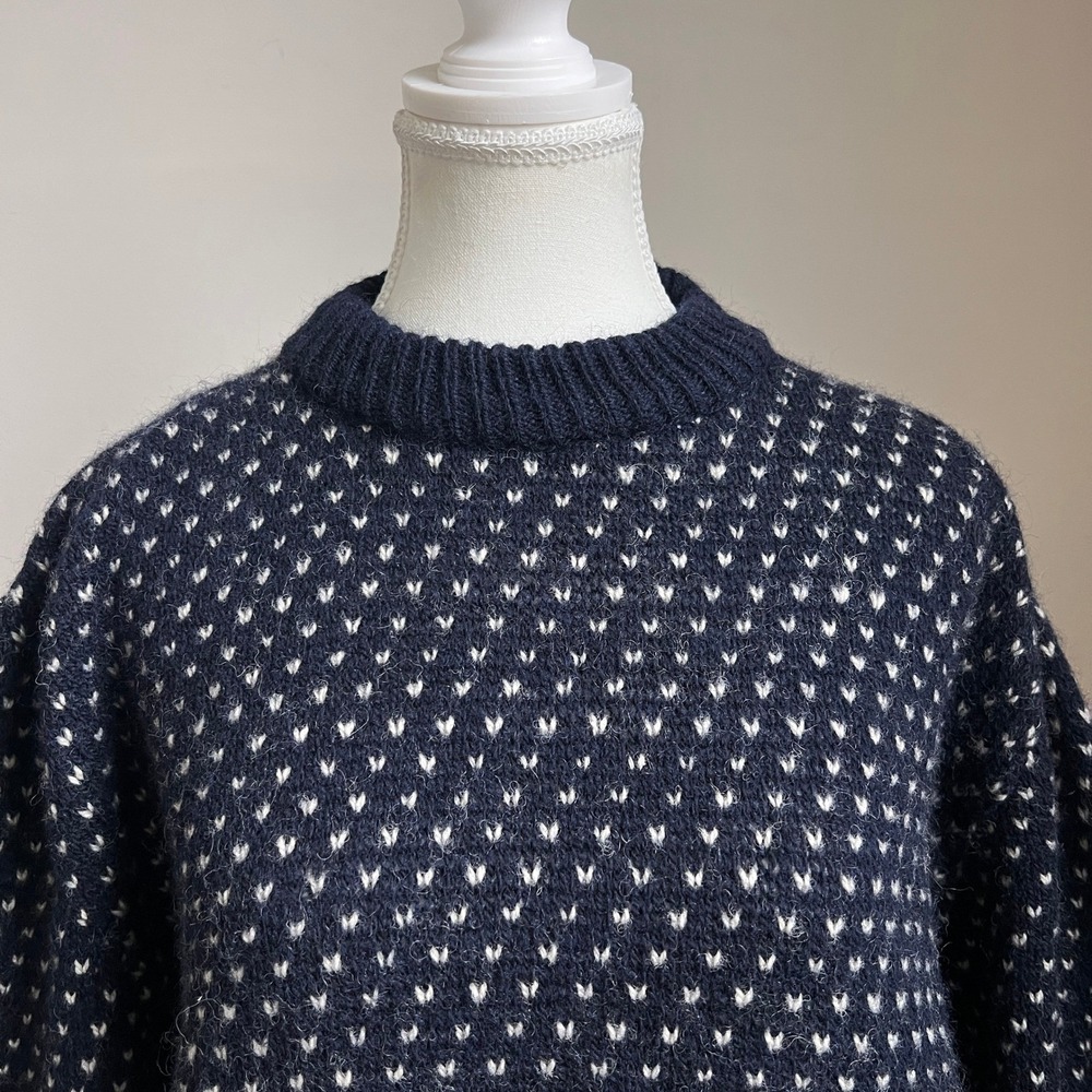 Vintage Navy Birds Eye Knit‎ Wool Chunky Crewneck Fisherman Sweater Pullover